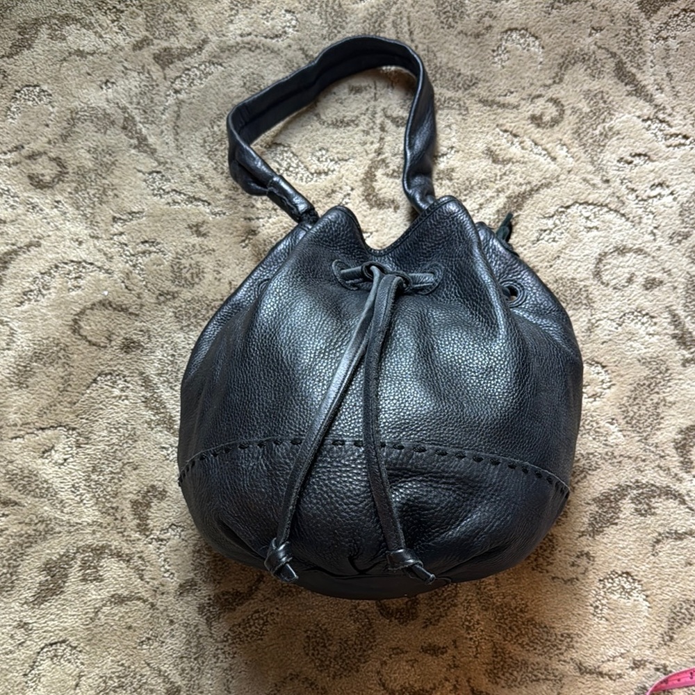 Elegant Black Leather Drawstring Bag